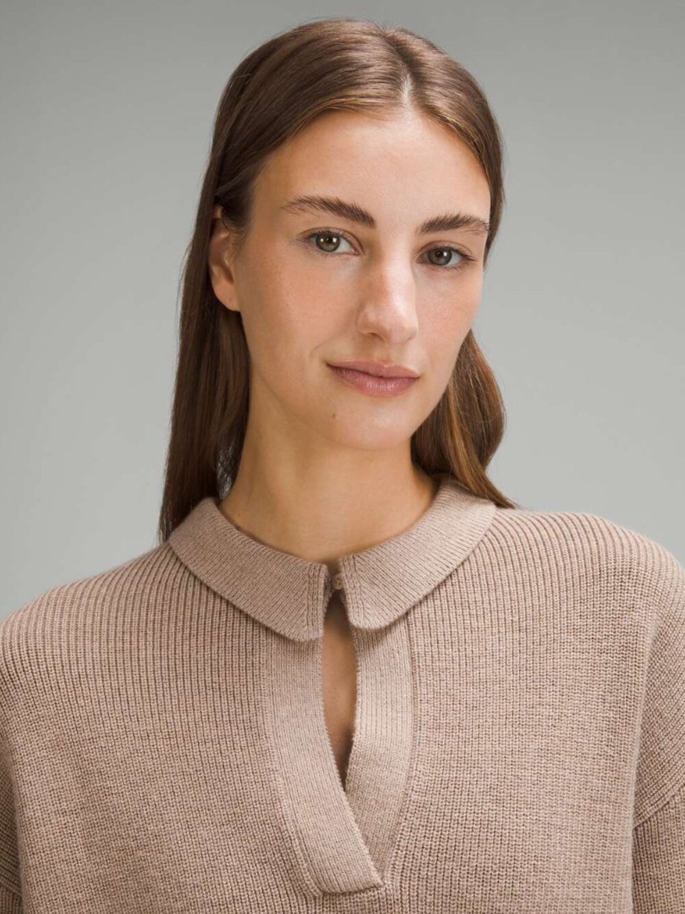 Lululemon Collared Merino Wool Blend Khaki Cream Crop Preppy Office Sweater S - Picture 2 of 3
